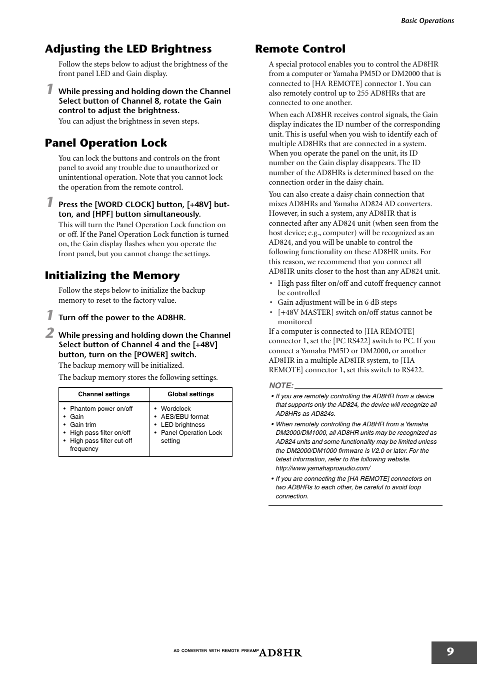 Adjusting the led brightness, Panel operation lock, Initializing the memory | Remote control, 9adjusting the led brightness | Yamaha AD8HR AD User Manual | Page 10 / 17