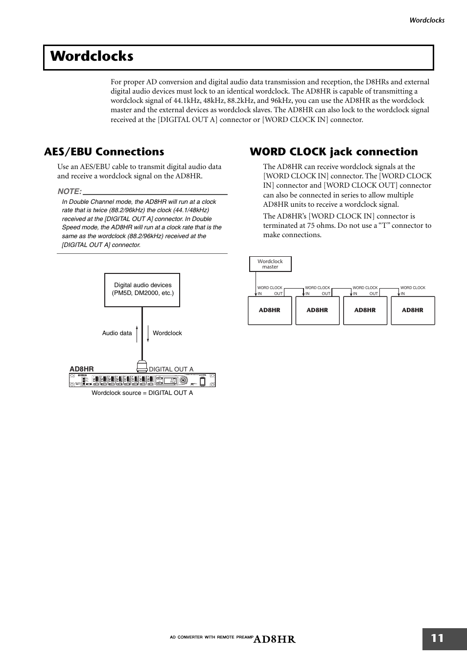 Wordclocks, Aes/ebu connections, Word clock jack connection | Aes/ebu connections word clock jack connection | Yamaha AD8HR AD User Manual | Page 12 / 17