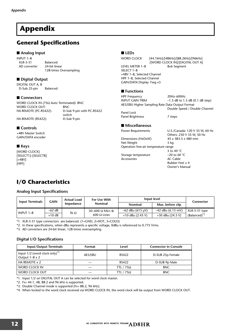Appendix, General specifications, I/o characteristics | General specifications i/o characteristics | Yamaha AD8HR AD User Manual | Page 13 / 17