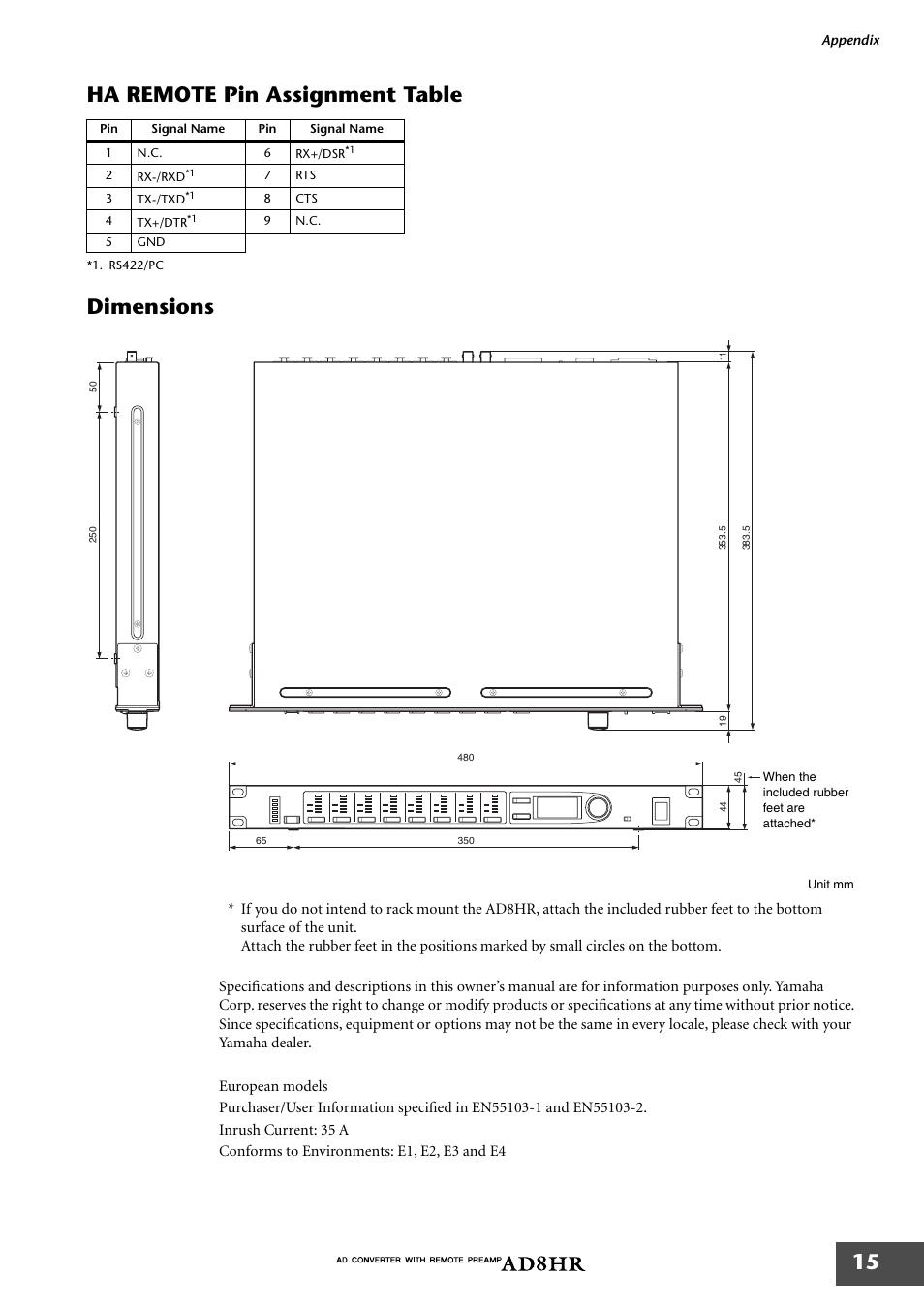 Ha remote pin assignment table, Dimensions, Ha remote pin assignment table dimensions | 15 ha remote pin assignment table dimensions | Yamaha AD8HR AD User Manual | Page 16 / 17