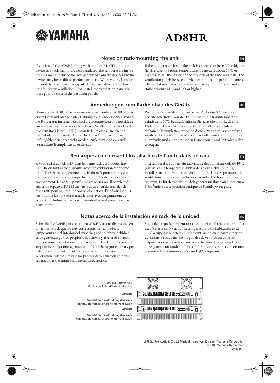 Anmerkungen zum rackeinbau des geräts | Yamaha AD8HR AD User Manual | Page 2 / 17