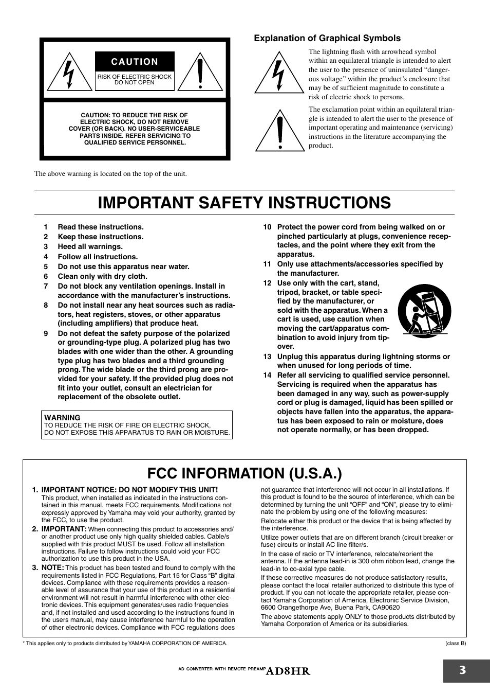Important safety instructions, Fcc information (u.s.a.) | Yamaha AD8HR AD User Manual | Page 4 / 17