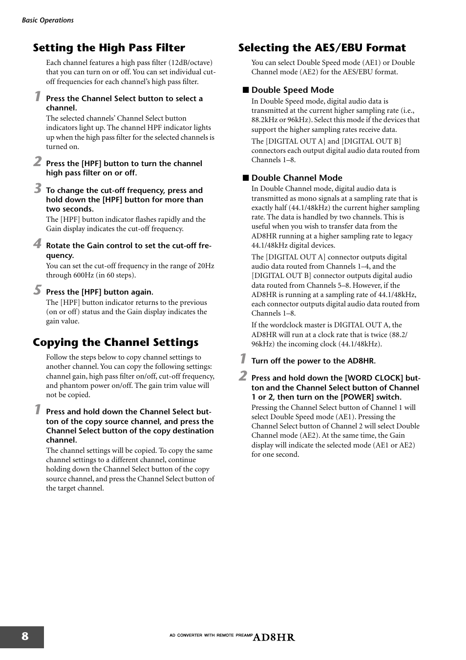Setting the high pass filter, Copying the channel settings, Selecting the aes/ebu format | Double speed mode, Double channel mode | Yamaha AD8HR AD User Manual | Page 9 / 17