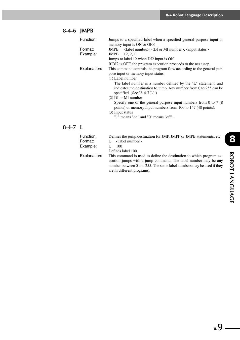 4-6 jmpb, 4-7 l, Robot language | Yamaha SRCP User Manual | Page 107 / 246