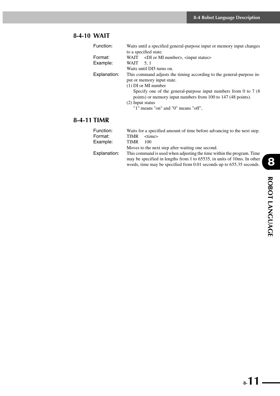 4-10 wait, 4-11 timr, Robot language | Yamaha SRCP User Manual | Page 109 / 246