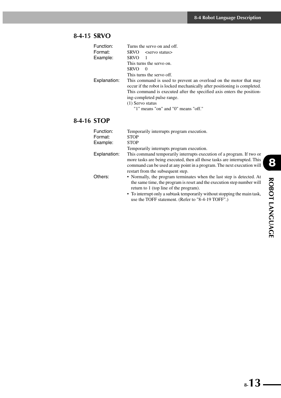 4-15 srvo, 4-16 stop, Robot language | Yamaha SRCP User Manual | Page 111 / 246