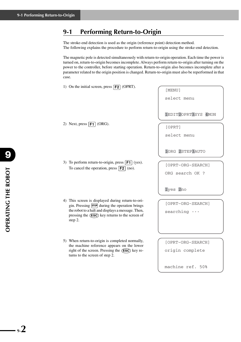 1 performing return-to-origin, Opera ting the robot | Yamaha SRCP User Manual | Page 134 / 246