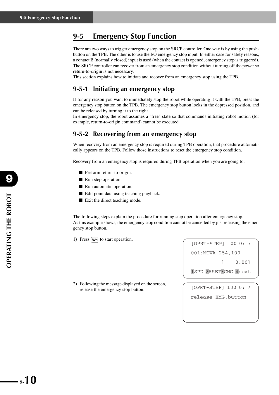 5 emergency stop function, 5-1 initiating an emergency stop, 5-2 recovering from an emergency stop | Yamaha SRCP User Manual | Page 142 / 246