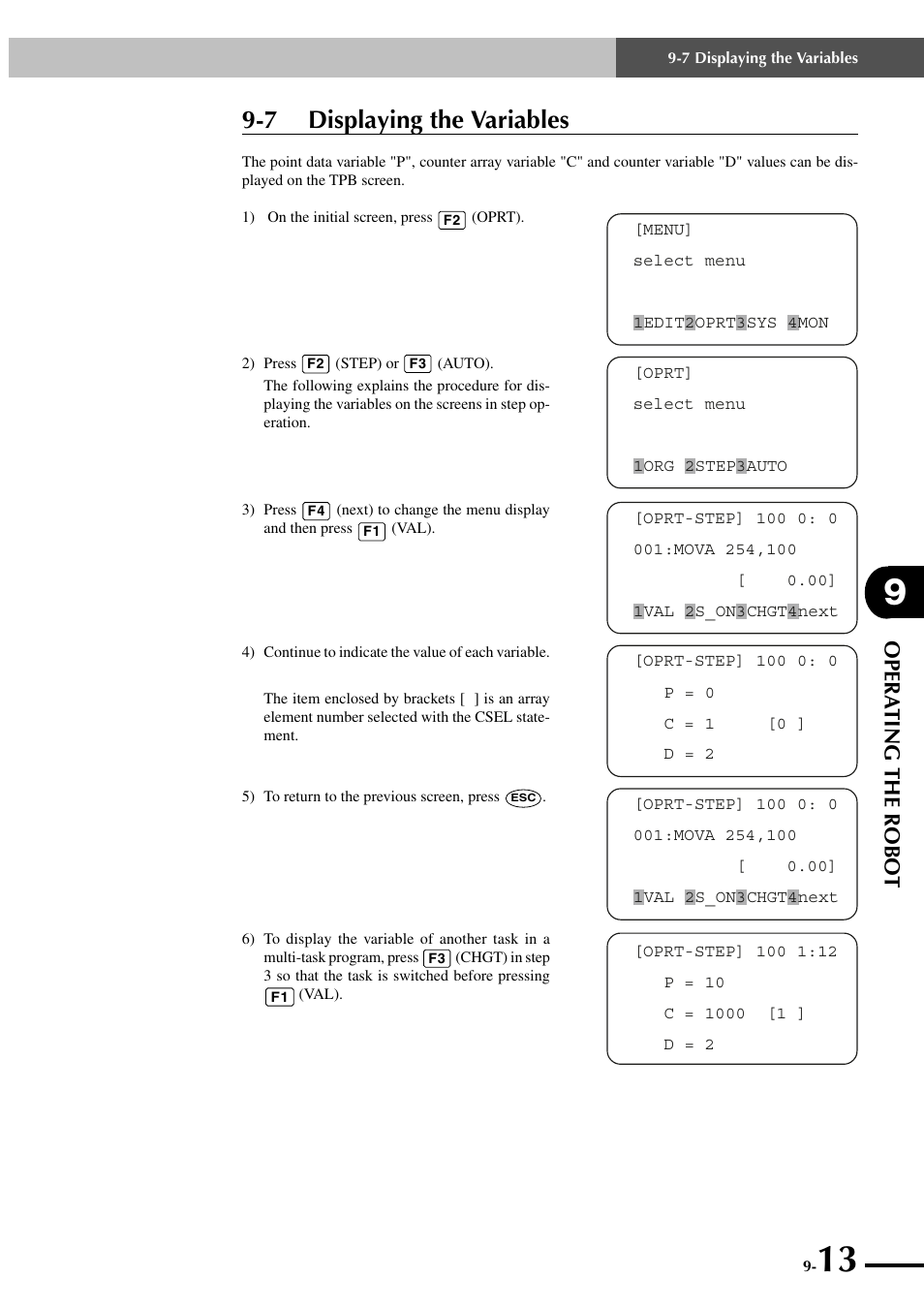 7 displaying the variables, Opera ting the robot | Yamaha SRCP User Manual | Page 145 / 246