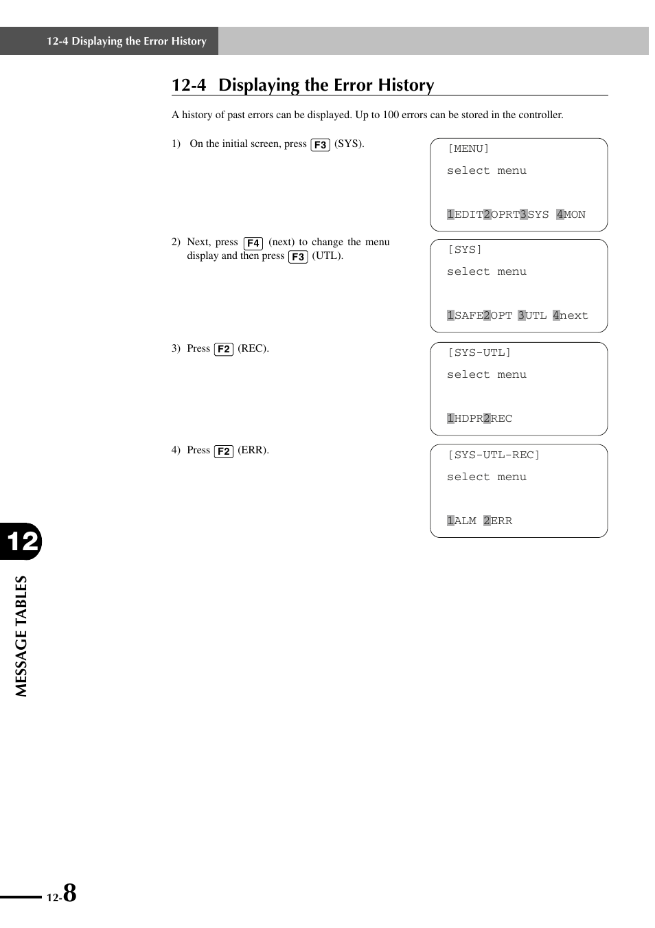 4 displaying the error history, Message t ables | Yamaha SRCP User Manual | Page 216 / 246