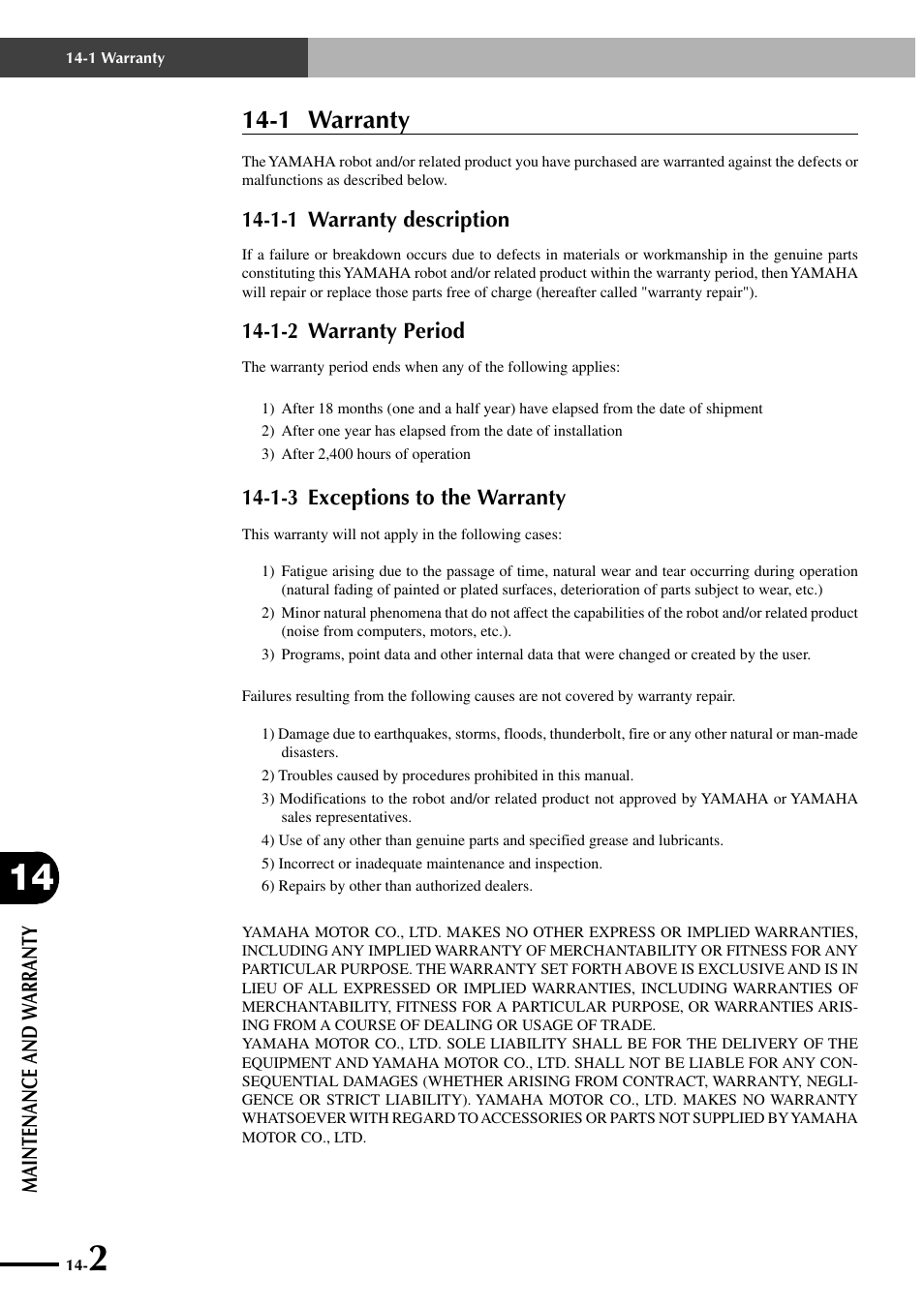 1 warranty, 1-1 warranty description, 1-2 warranty period | 1-3 exceptions to the warranty | Yamaha SRCP User Manual | Page 232 / 246