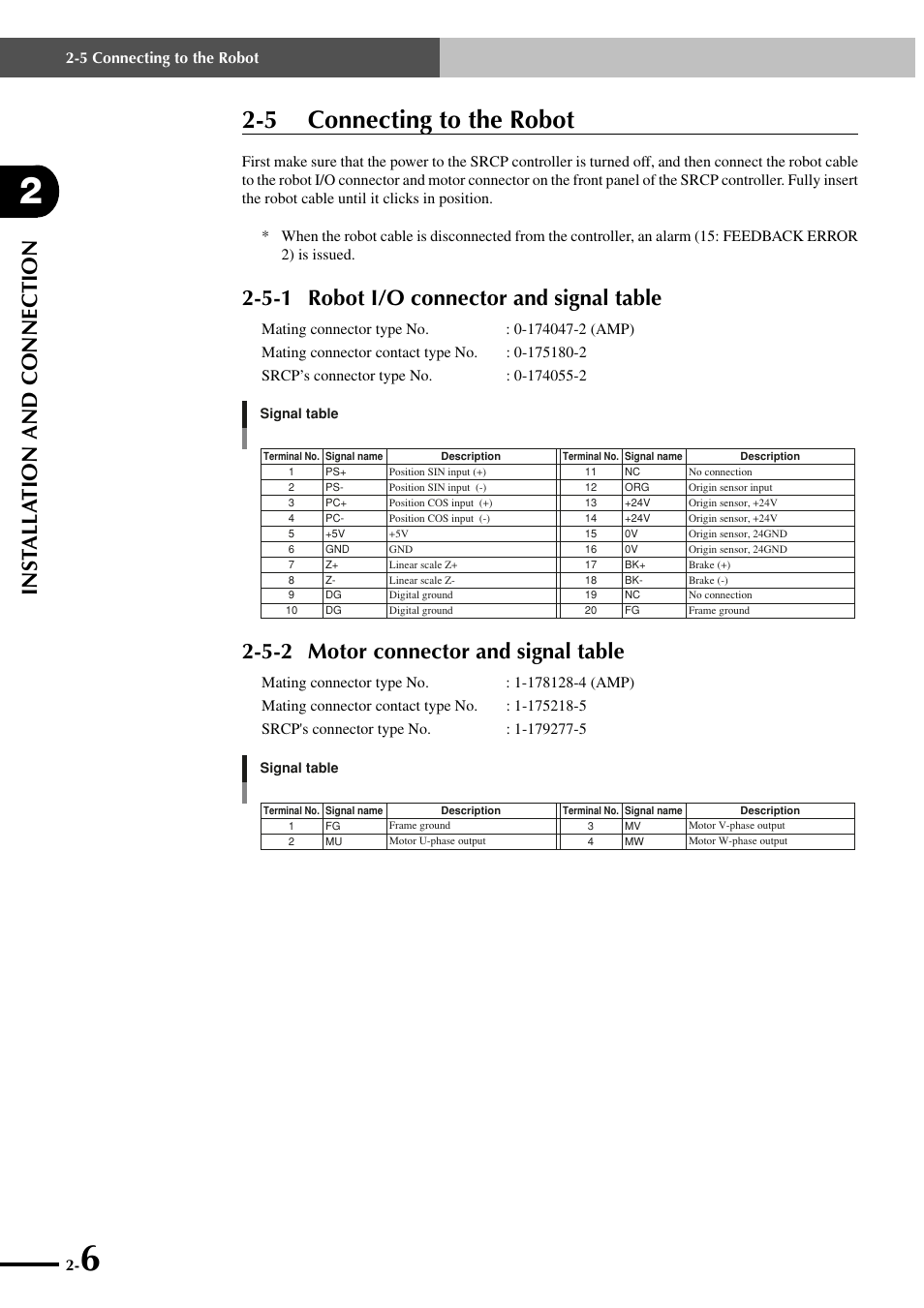5 connecting to the robot, 5-1 robot i/o connector and signal table, 5-2 motor connector and signal table | Inst alla tion and connection | Yamaha SRCP User Manual | Page 24 / 246
