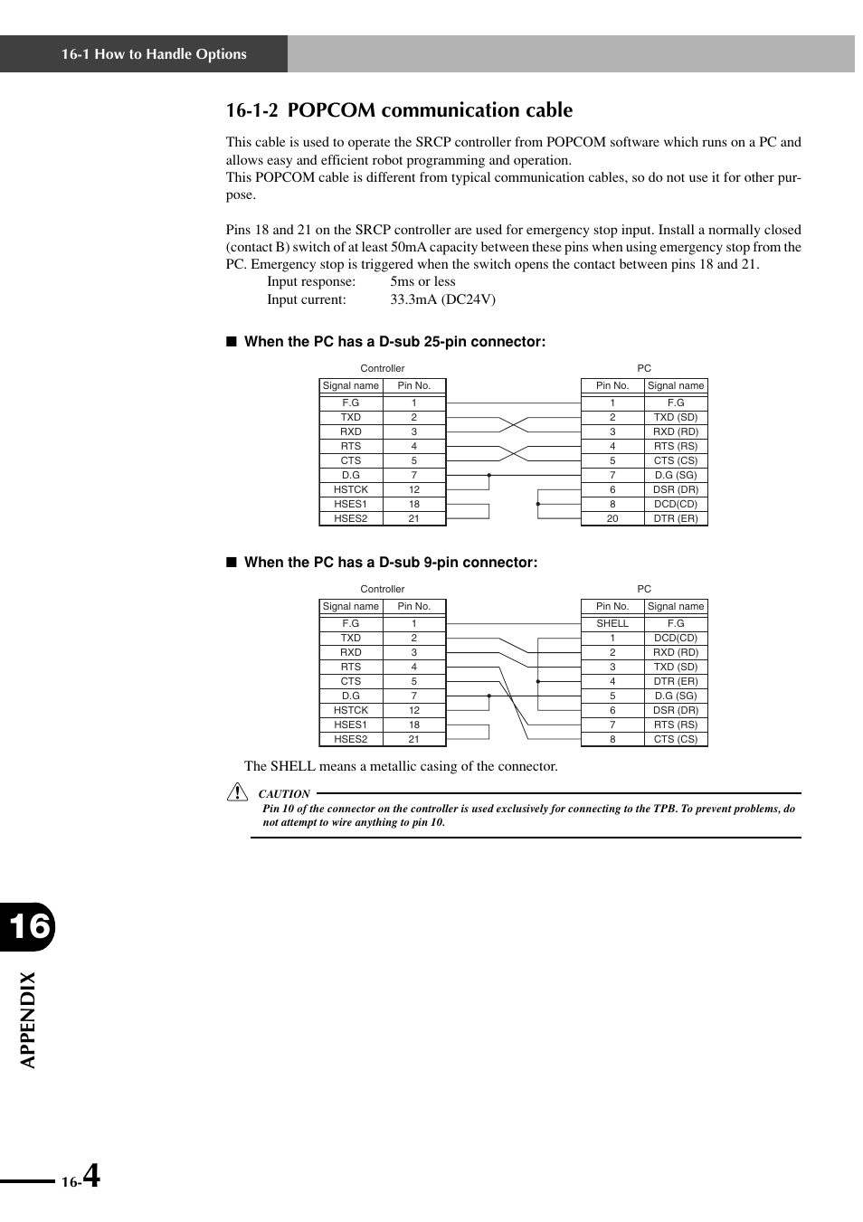 1-2 popcom communication cable, Appendix 16-1-2 popcom communication cable, When the pc has a d-sub 9-pin connector | The shell means a metallic casing of the connector, 1 how to handle options | Yamaha SRCP User Manual | Page 244 / 246