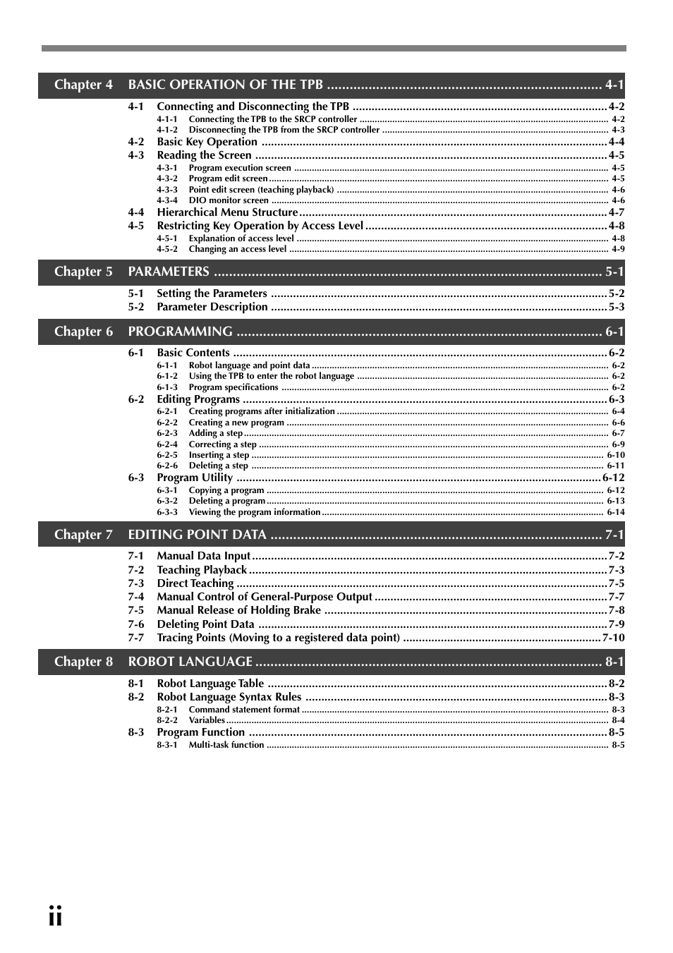 Chapter 4 basic operation of the tpb -1, Chapter 5 parameters -1, Chapter 6 programming -1 | Chapter 7 editing point data -1, Chapter 8 robot language -1 | Yamaha SRCP User Manual | Page 4 / 246