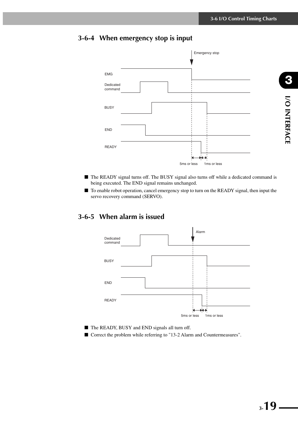 6-4 when emergency stop is input, 6-5 when alarm is issued, I/o interf ace 3-6-4 when emergency stop is input | Yamaha SRCP User Manual | Page 47 / 246