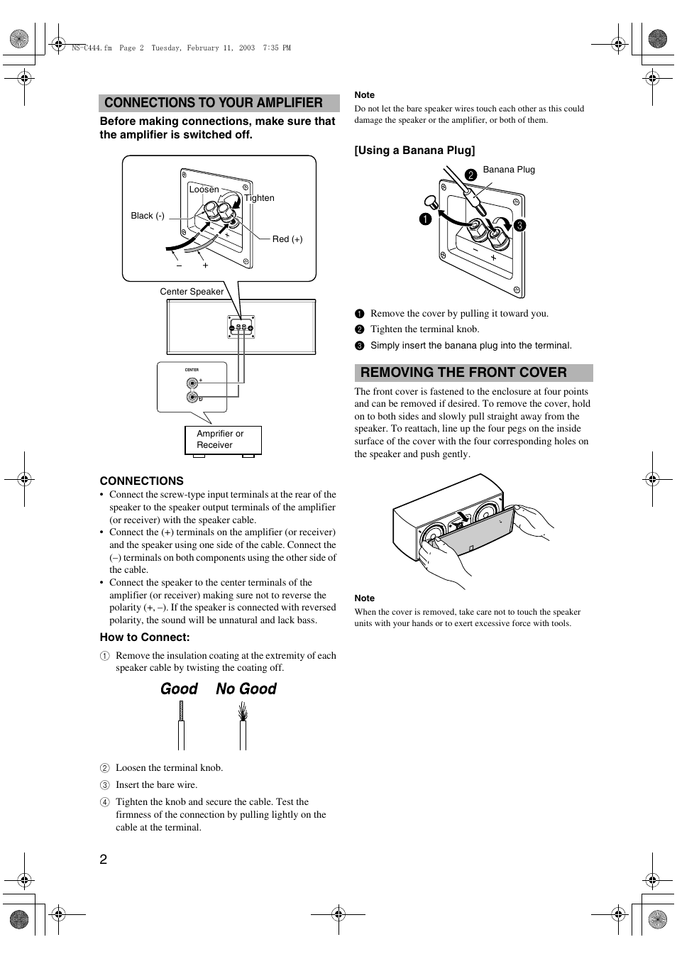 Connections to your amplifier, Removing the front cover | Yamaha NS-C444 User Manual | Page 2 / 3