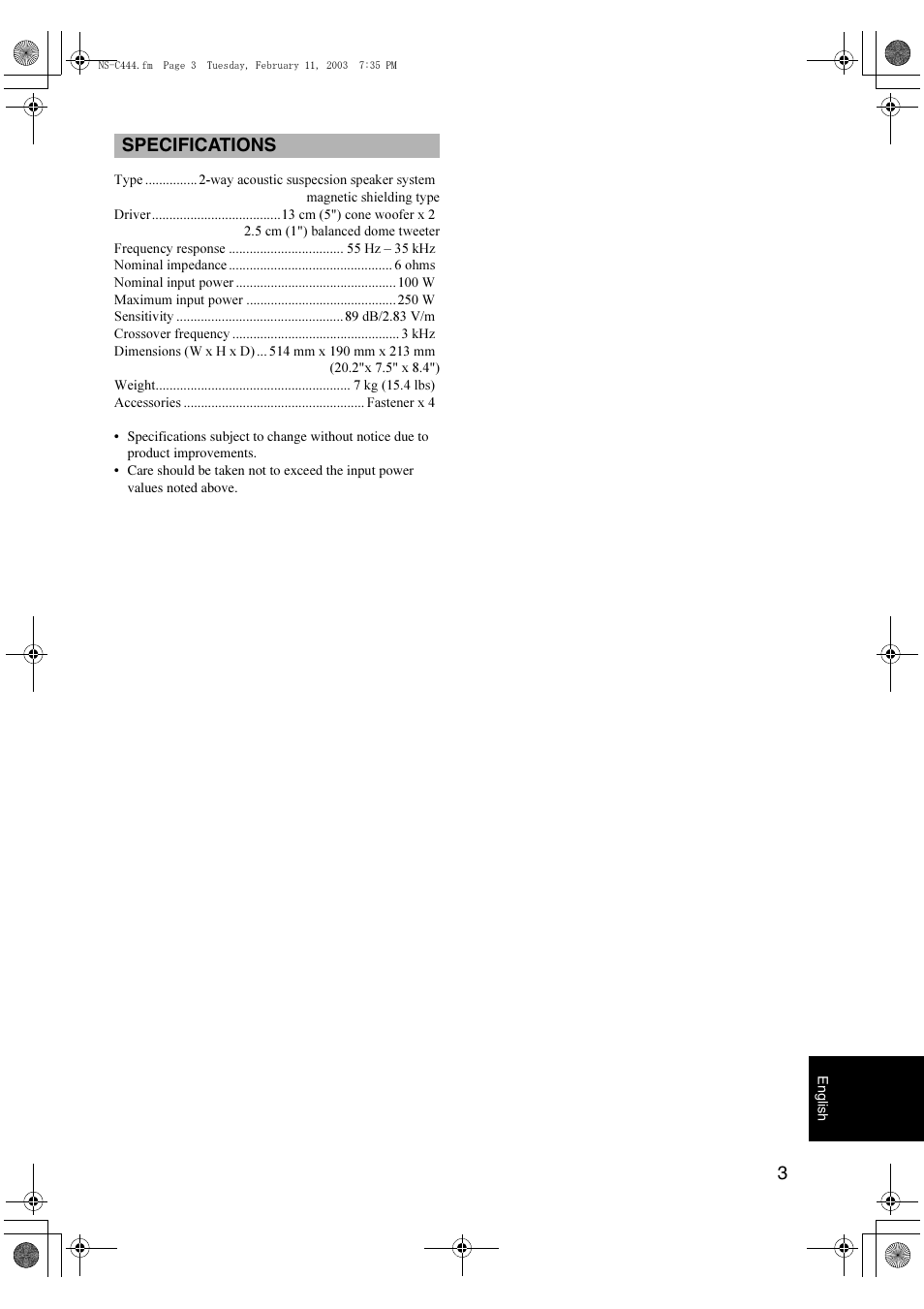 Specifications | Yamaha NS-C444 User Manual | Page 3 / 3