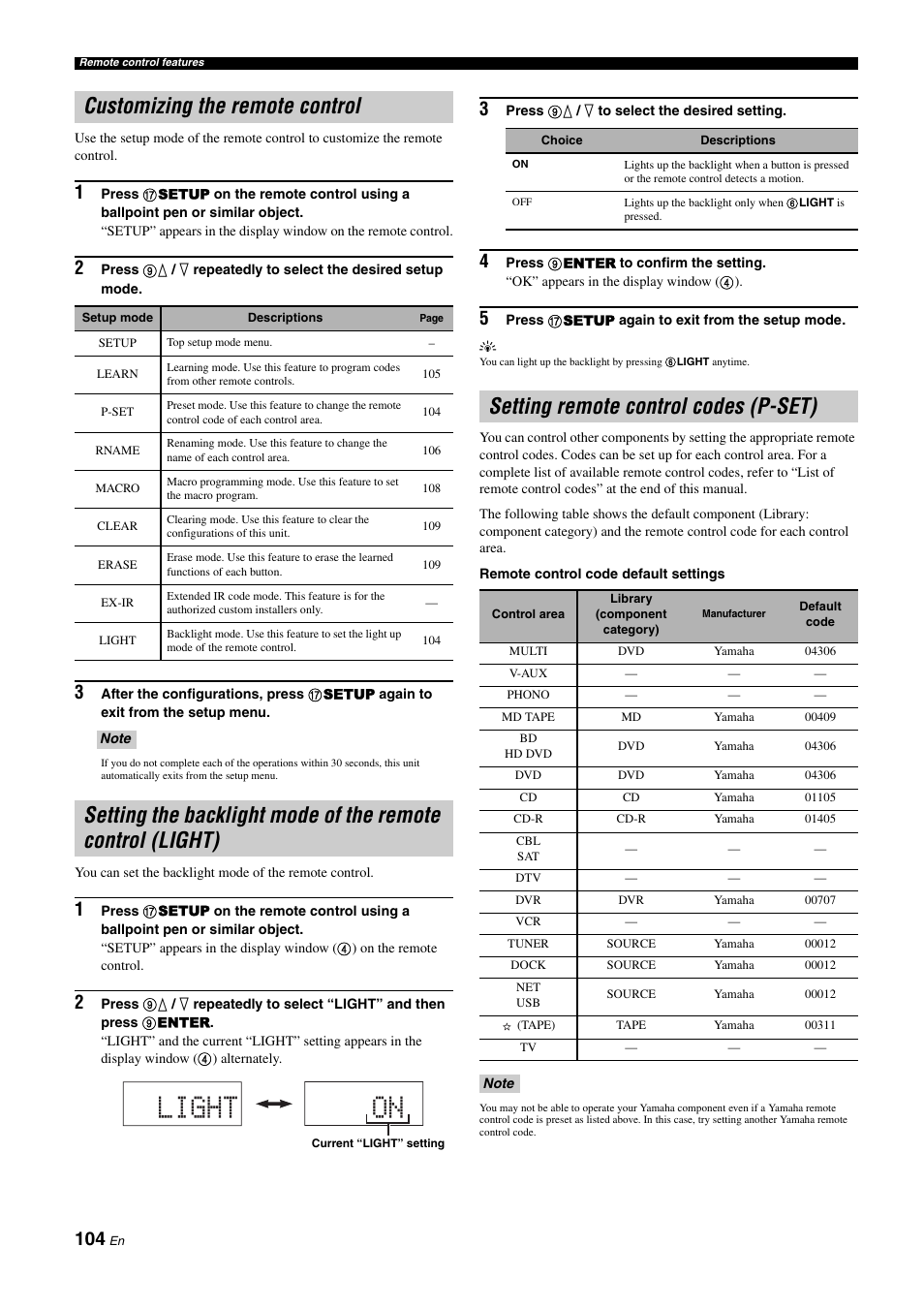 Customizing the remote control, Setting remote control codes (p-set), Light on | Yamaha NOT FOND DSP-Z11 User Manual | Page 104 / 150
