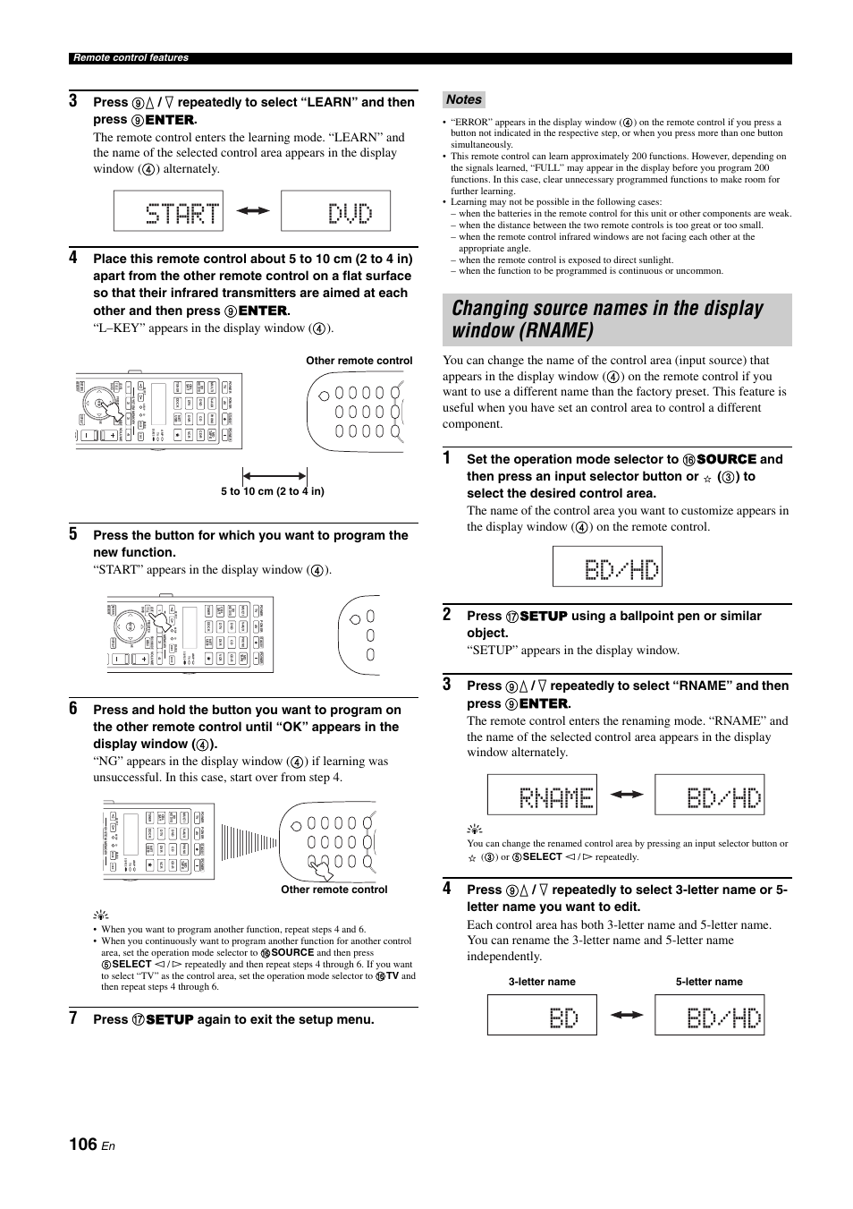 Start dvd, Bd/hd rname bd/hd bd bd/hd, Press g setup again to exit the setup menu | Other remote control, Letter name 5-letter name, Remote control features | Yamaha NOT FOND DSP-Z11 User Manual | Page 106 / 150