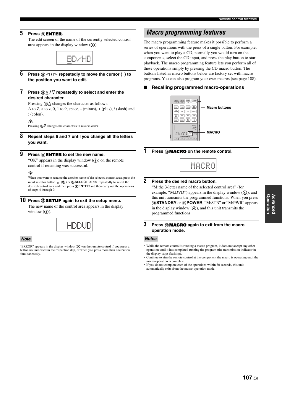 Macro programming features, Bd/hd hddvd, Macro | Recalling programmed macro-operations | Yamaha NOT FOND DSP-Z11 User Manual | Page 107 / 150