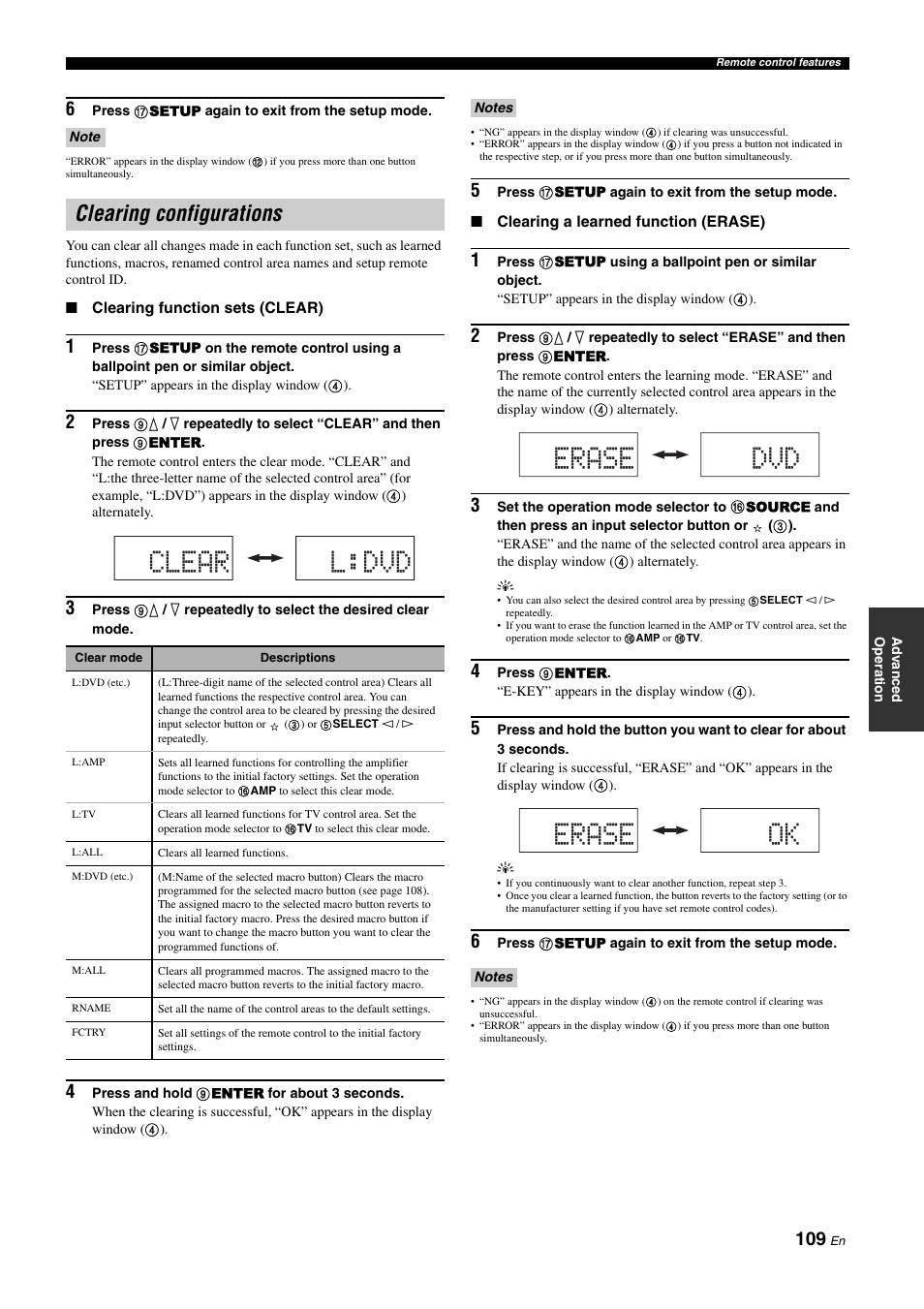 Clearing configurations, Clear l:dvd, Erase dvd erase ok | Yamaha NOT FOND DSP-Z11 User Manual | Page 109 / 150
