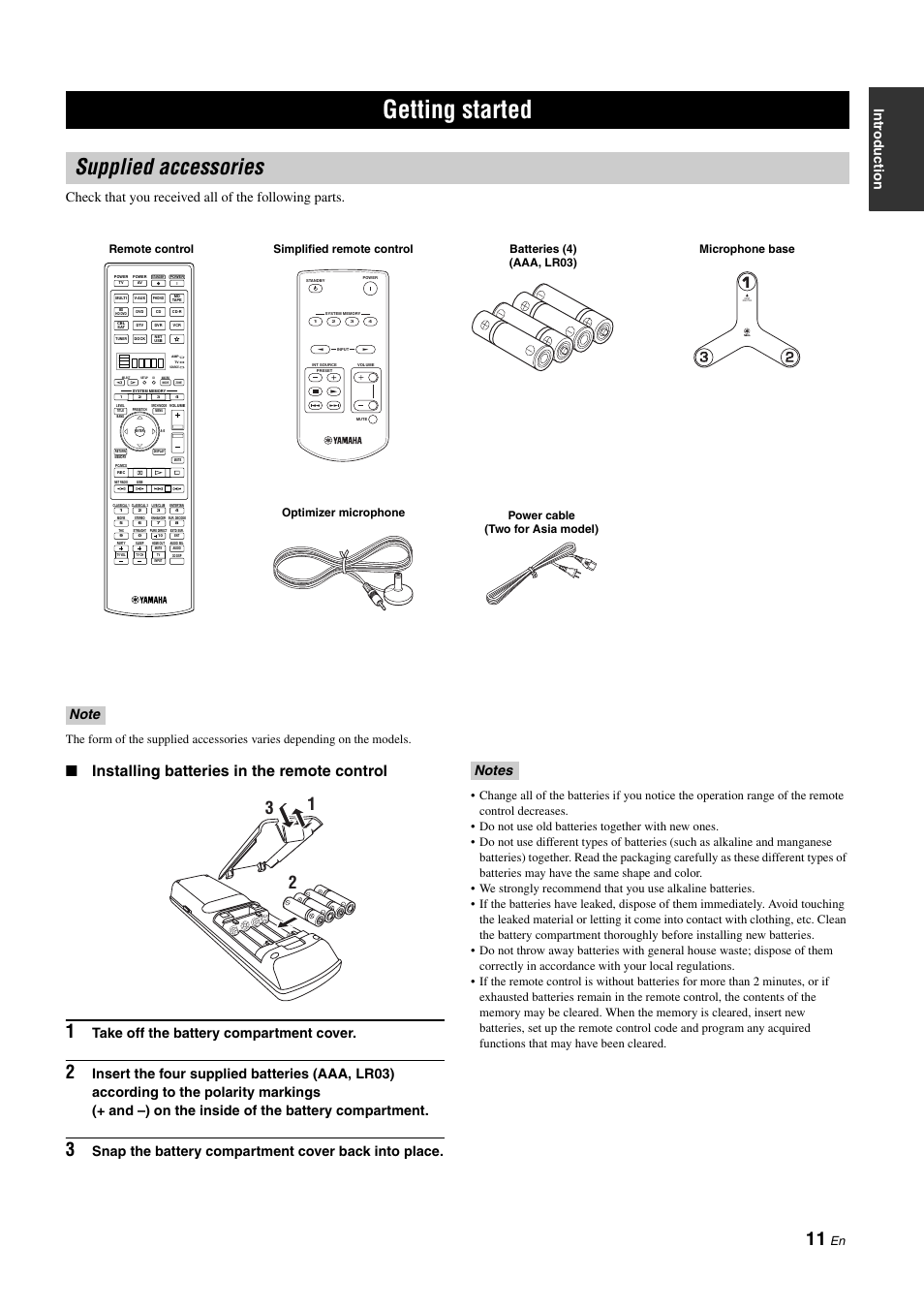 Getting started, Supplied accessories, Installing batteries in the remote control | Take off the battery compartment cover, Snap the battery compartment cover back into place, Simplified remote control microphone base | Yamaha NOT FOND DSP-Z11 User Manual | Page 11 / 150