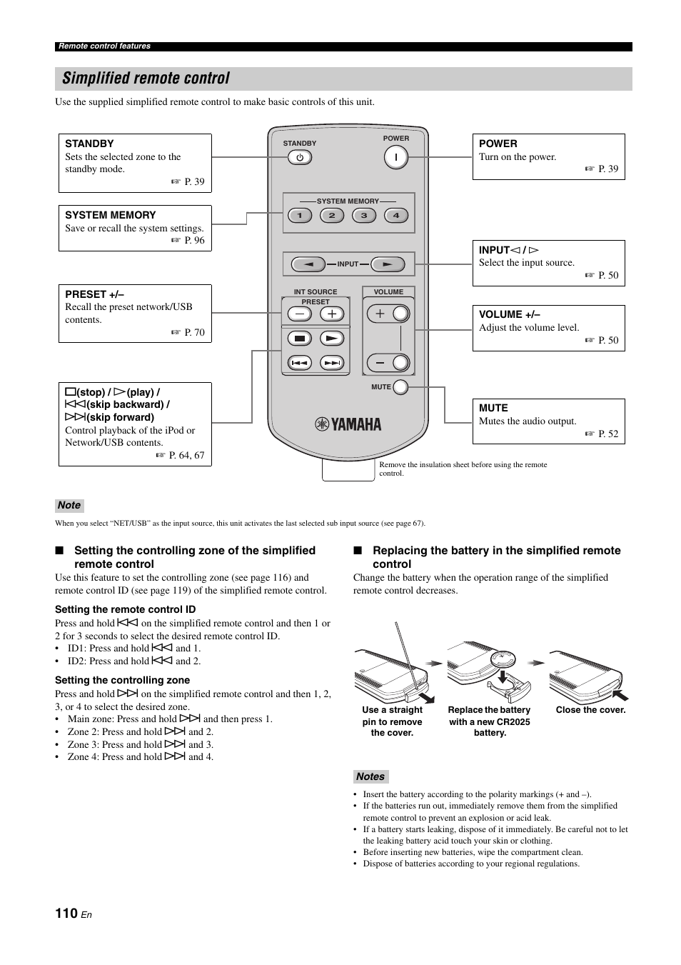 Simplified remote control, P. 110 | Yamaha NOT FOND DSP-Z11 User Manual | Page 110 / 150