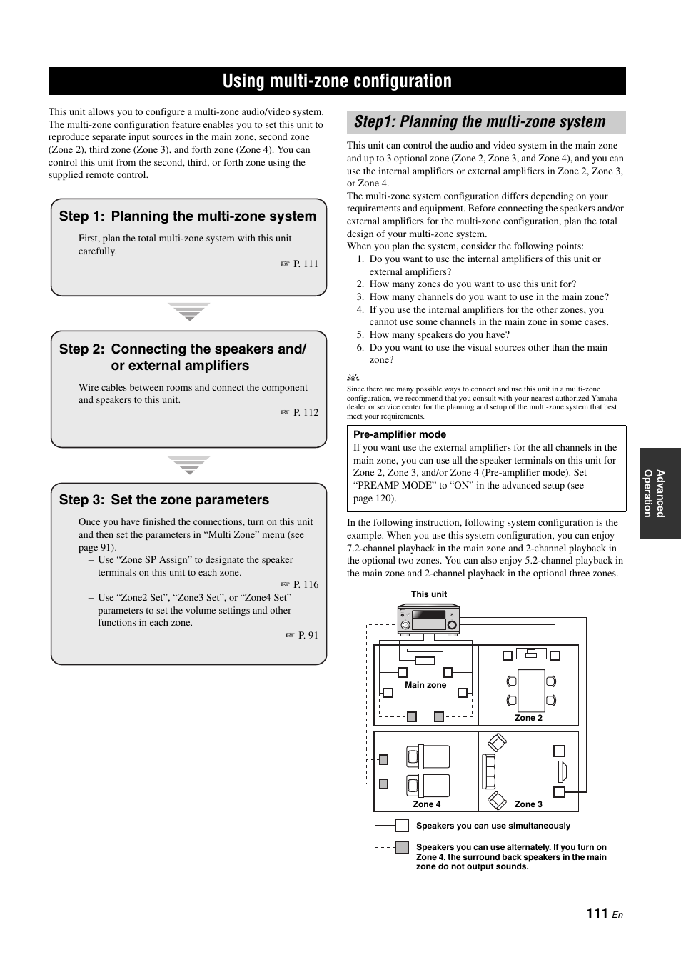 Using multi-zone configuration, Step1: planning the multi-zone system, P. 111 | Step 1: planning the multi-zone system, Step 3: set the zone parameters | Yamaha NOT FOND DSP-Z11 User Manual | Page 111 / 150