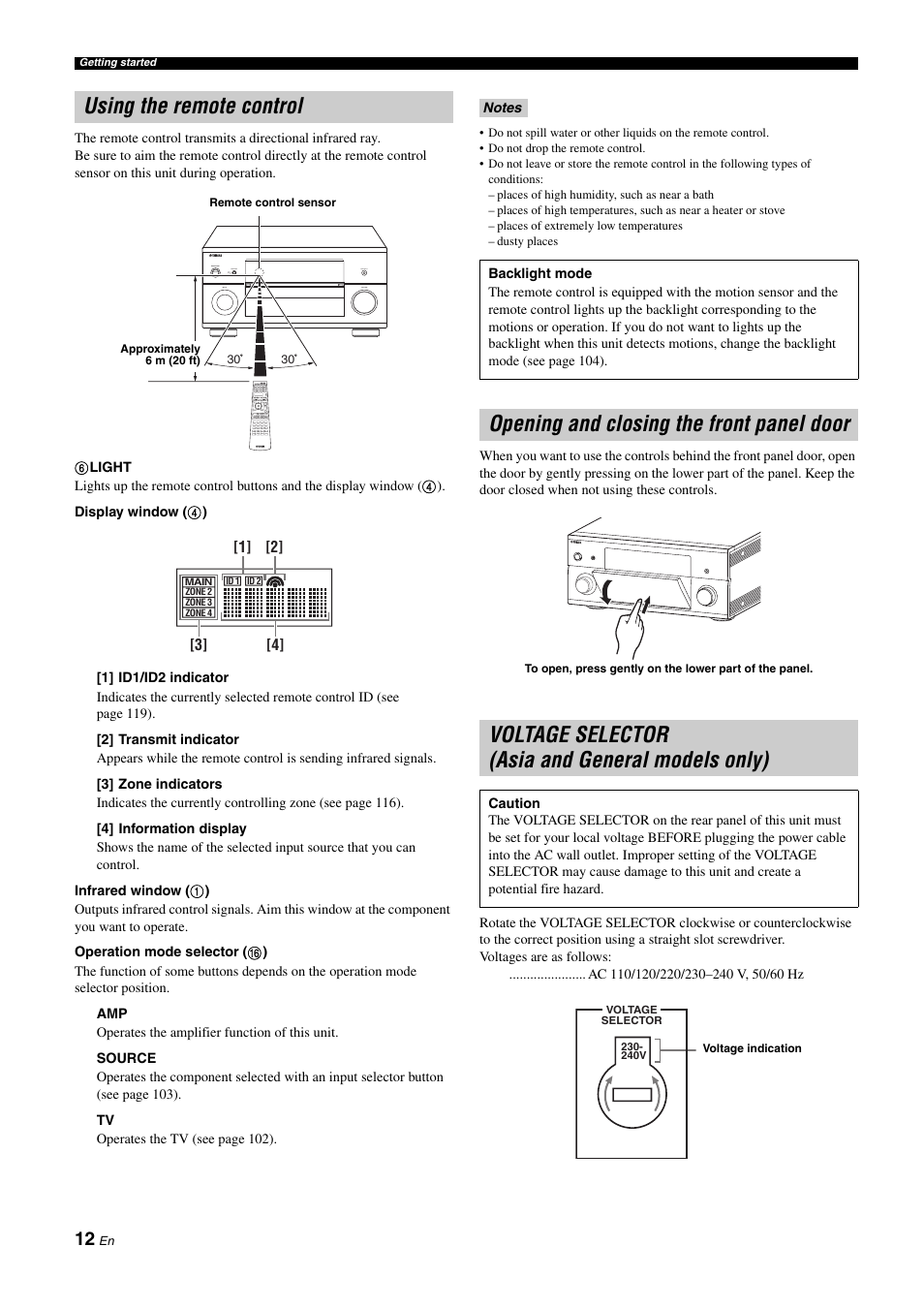 Using the remote control, Opening and closing the front panel door, Voltage selector (asia and general models only) | Yamaha NOT FOND DSP-Z11 User Manual | Page 12 / 150