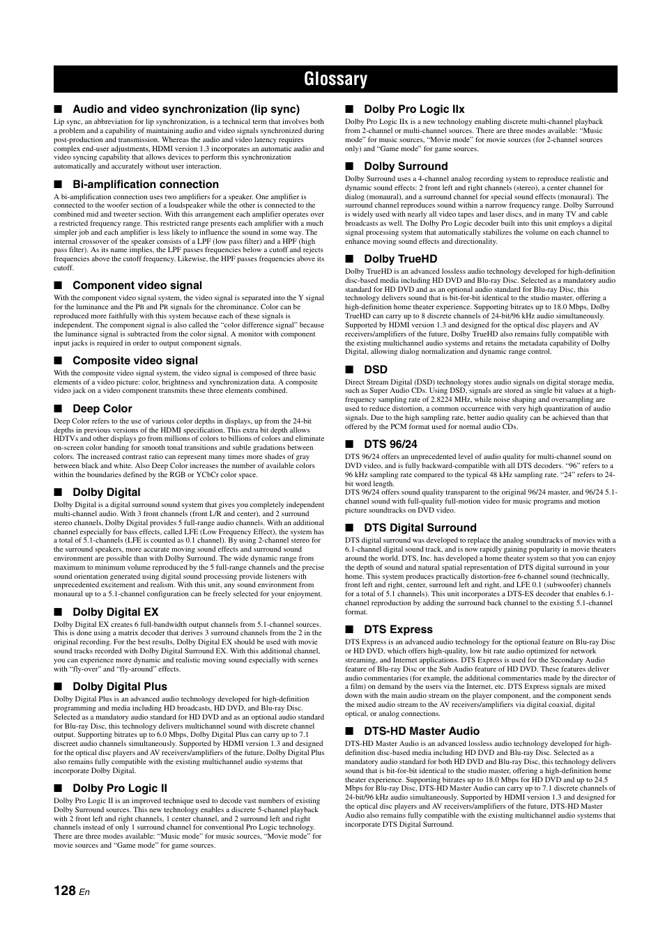 Glossary | Yamaha NOT FOND DSP-Z11 User Manual | Page 128 / 150