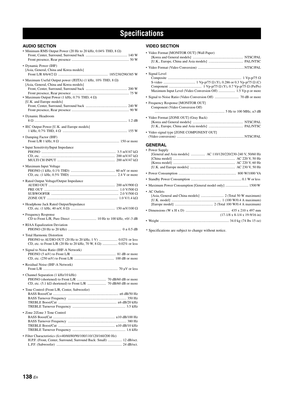 Specifications | Yamaha NOT FOND DSP-Z11 User Manual | Page 138 / 150