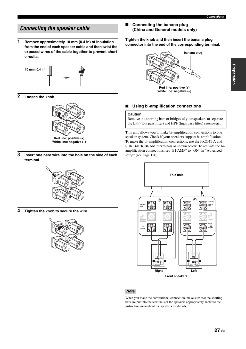 Connecting the speaker cable, Using bi-amplification connections | Yamaha NOT FOND DSP-Z11 User Manual | Page 27 / 150