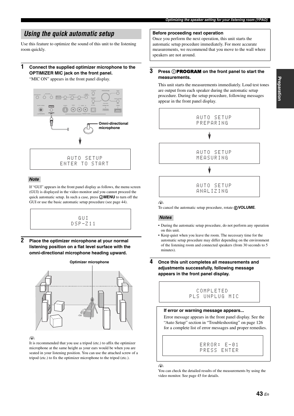 Using the quick automatic setup, P. 43 | Yamaha NOT FOND DSP-Z11 User Manual | Page 43 / 150