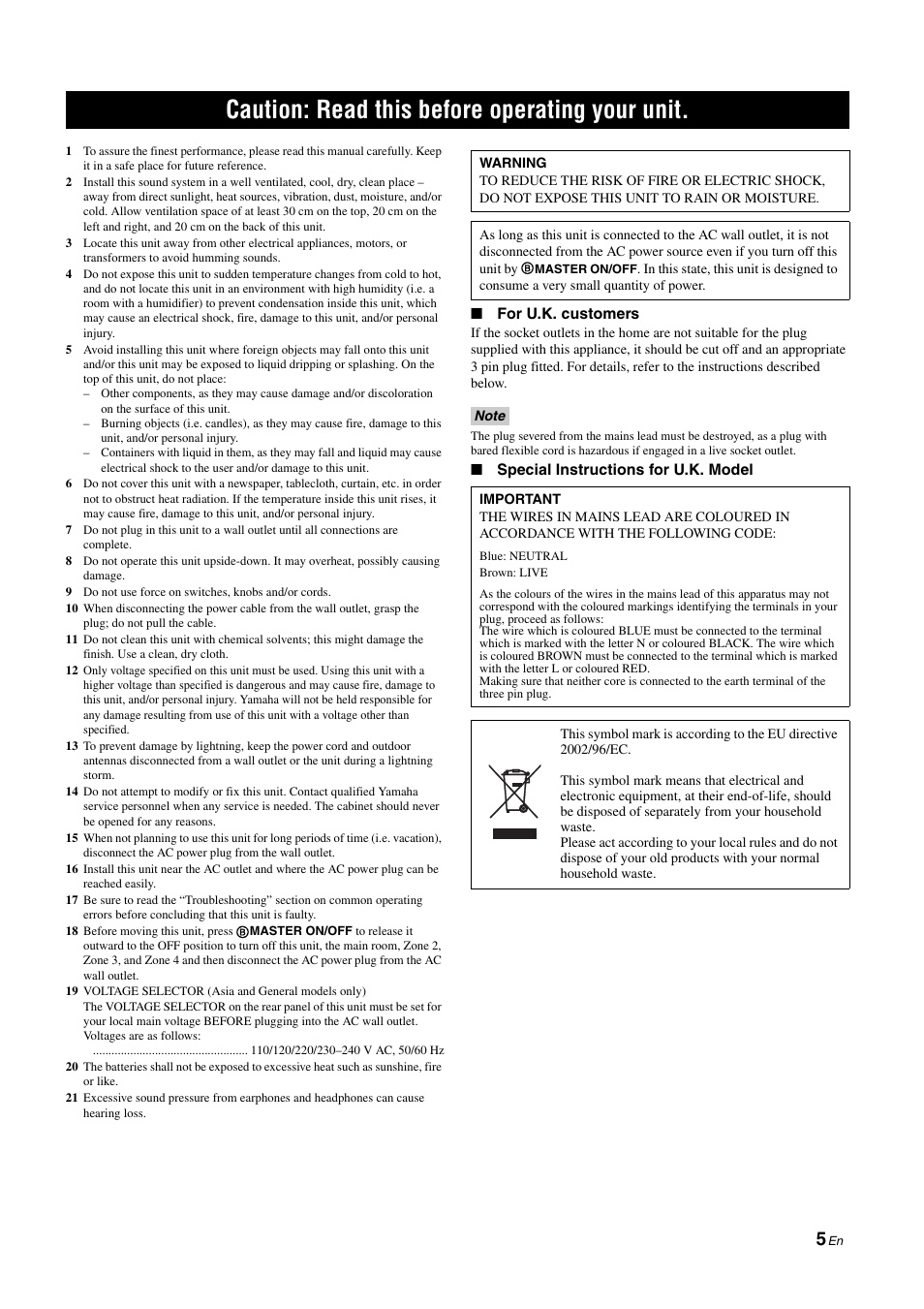 Caution: read this before operating your unit | Yamaha NOT FOND DSP-Z11 User Manual | Page 5 / 150