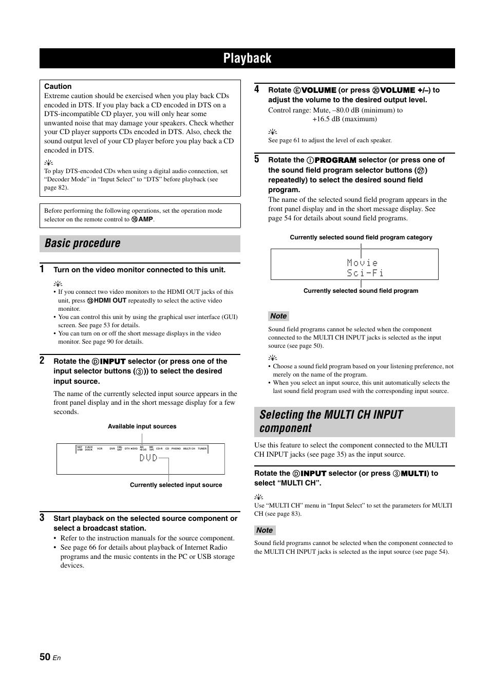 Playback, Basic procedure, Selecting the multi ch input component | P. 50, D v d | Yamaha NOT FOND DSP-Z11 User Manual | Page 50 / 150