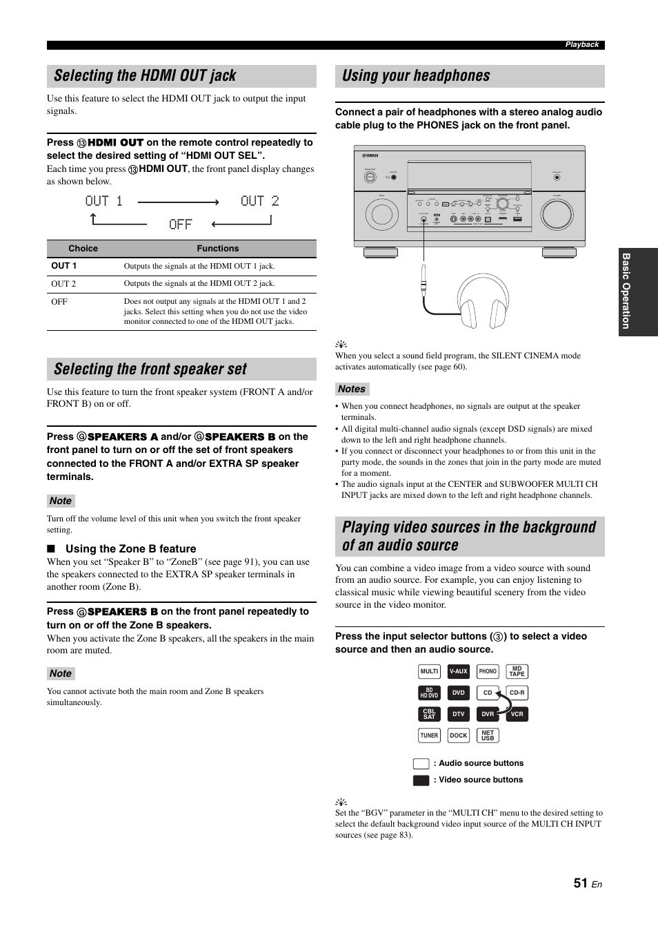 Selecting the hdmi out jack, Selecting the front speaker set, Using your headphones | P. 51, Out 1 out 2 off | Yamaha NOT FOND DSP-Z11 User Manual | Page 51 / 150