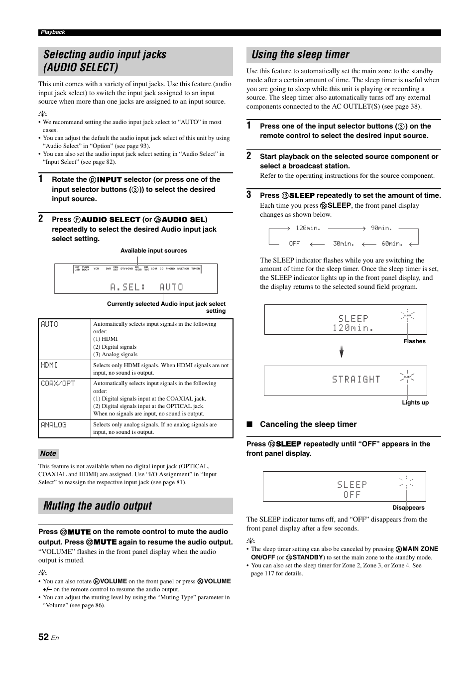 Selecting audio input jacks (audio select), Muting the audio output, Using the sleep timer | P. 52, A . s e l : a u t o | Yamaha NOT FOND DSP-Z11 User Manual | Page 52 / 150