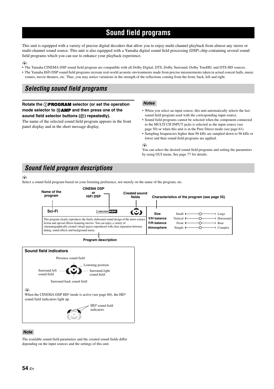Sound field programs, Selecting sound field programs, Sound field program descriptions | P. 54 | Yamaha NOT FOND DSP-Z11 User Manual | Page 54 / 150