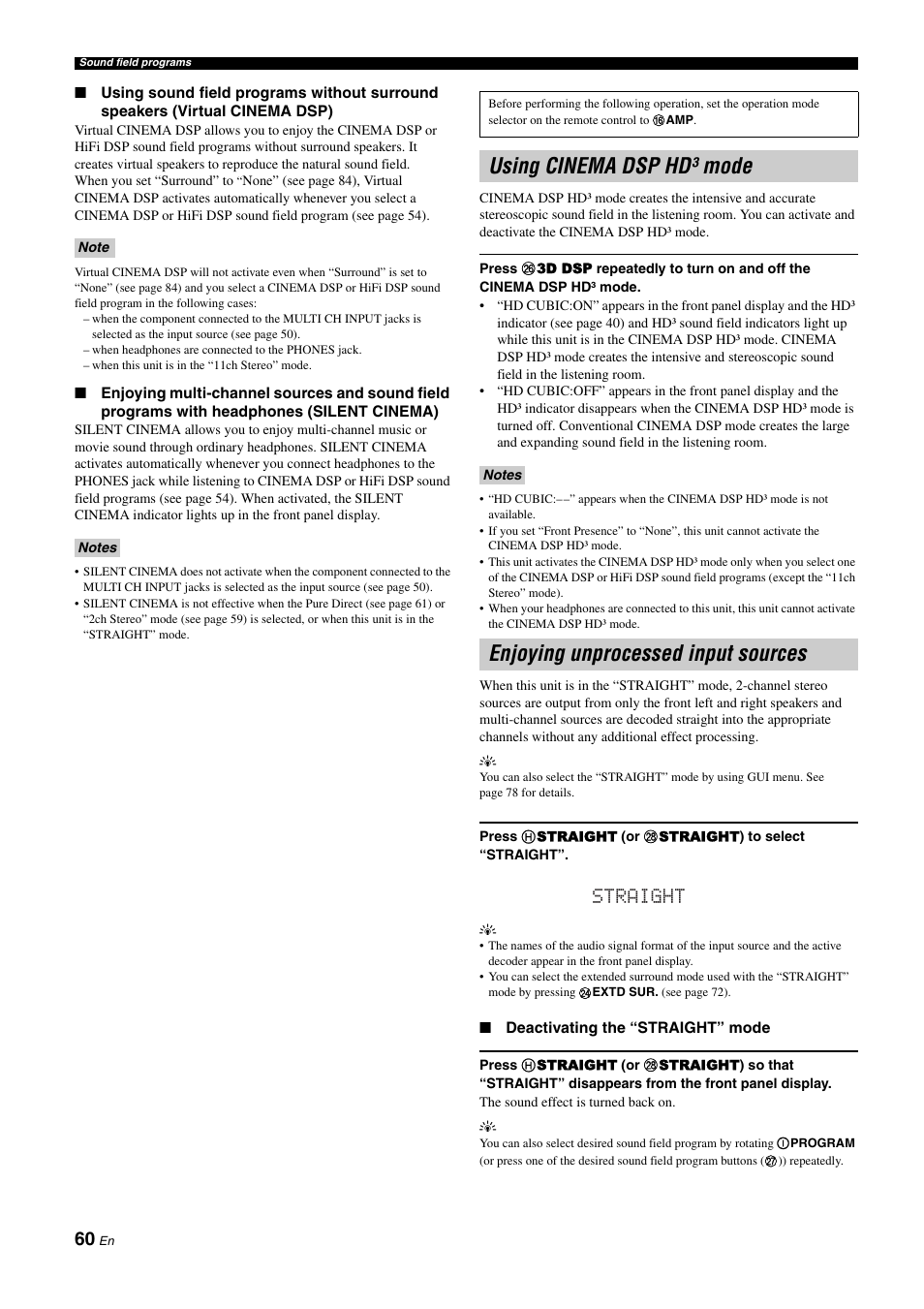 Using cinema dsp hd¸ mode, Enjoying unprocessed input sources, P. 60 | Using cinema dsp hd³ mode, Straight | Yamaha NOT FOND DSP-Z11 User Manual | Page 60 / 150