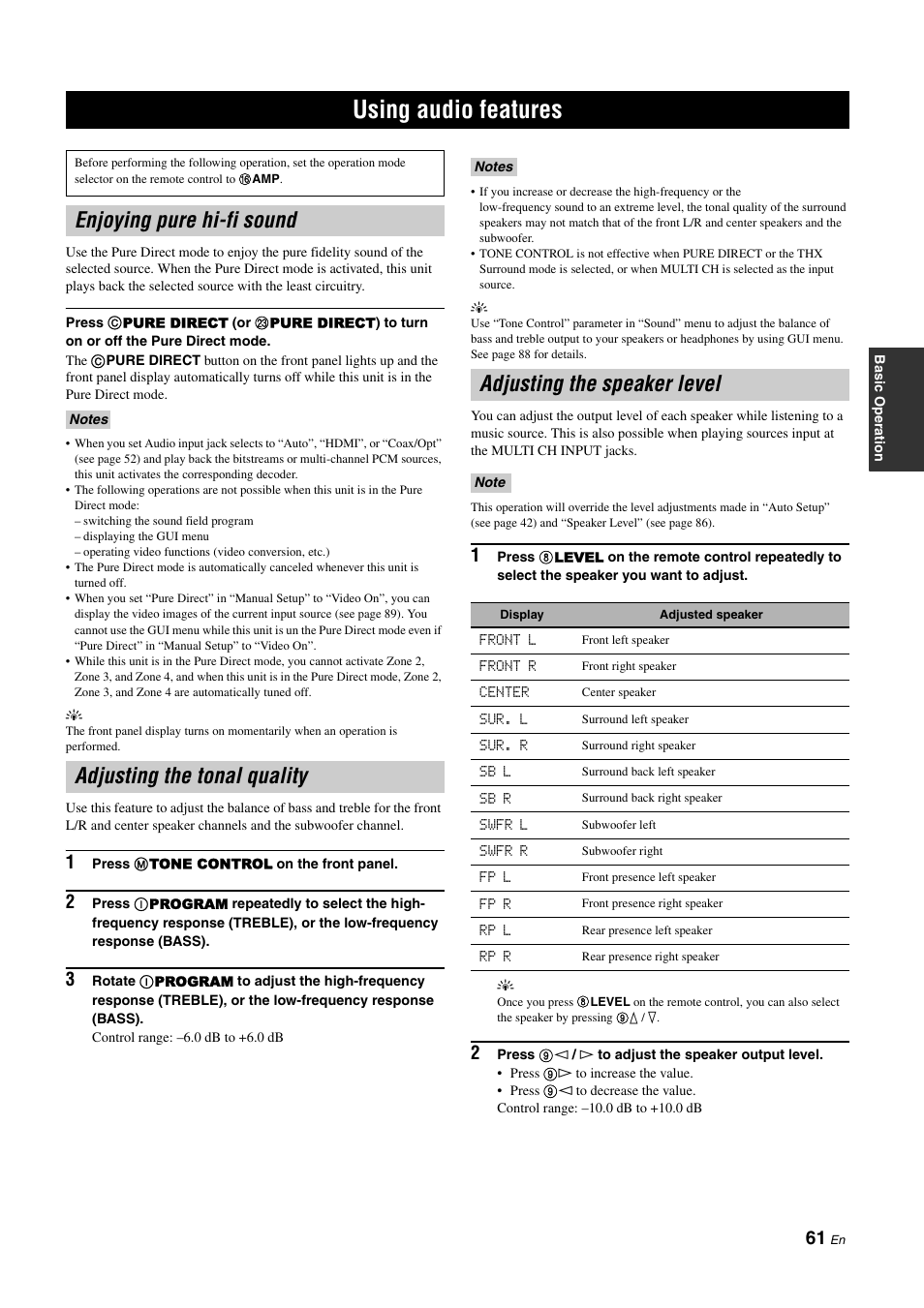 Using audio features, Enjoying pure hi-fi sound, Adjusting the tonal quality | Adjusting the speaker level, P. 61 | Yamaha NOT FOND DSP-Z11 User Manual | Page 61 / 150