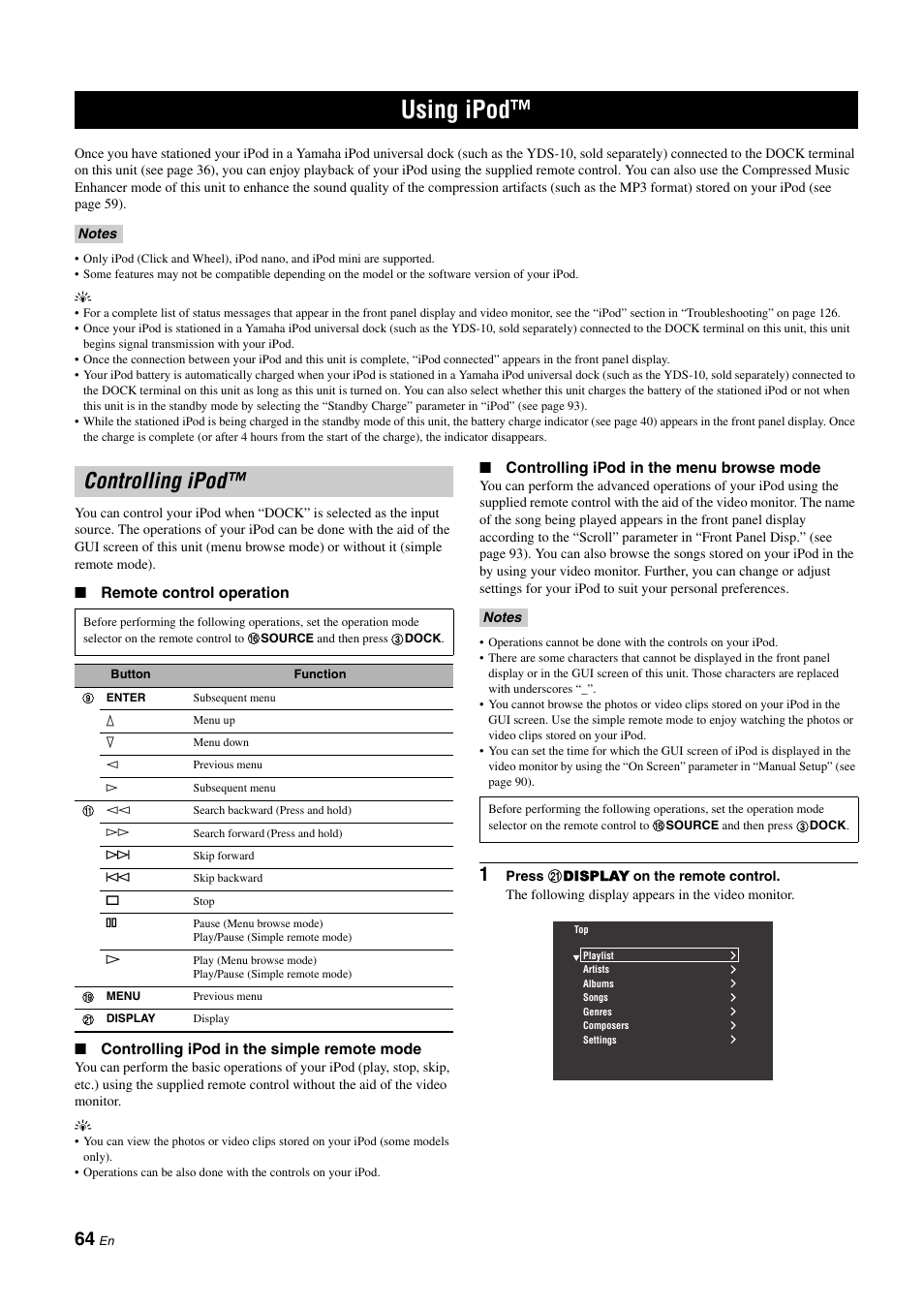 Using ipod, Controlling ipod, P. 64 | Yamaha NOT FOND DSP-Z11 User Manual | Page 64 / 150