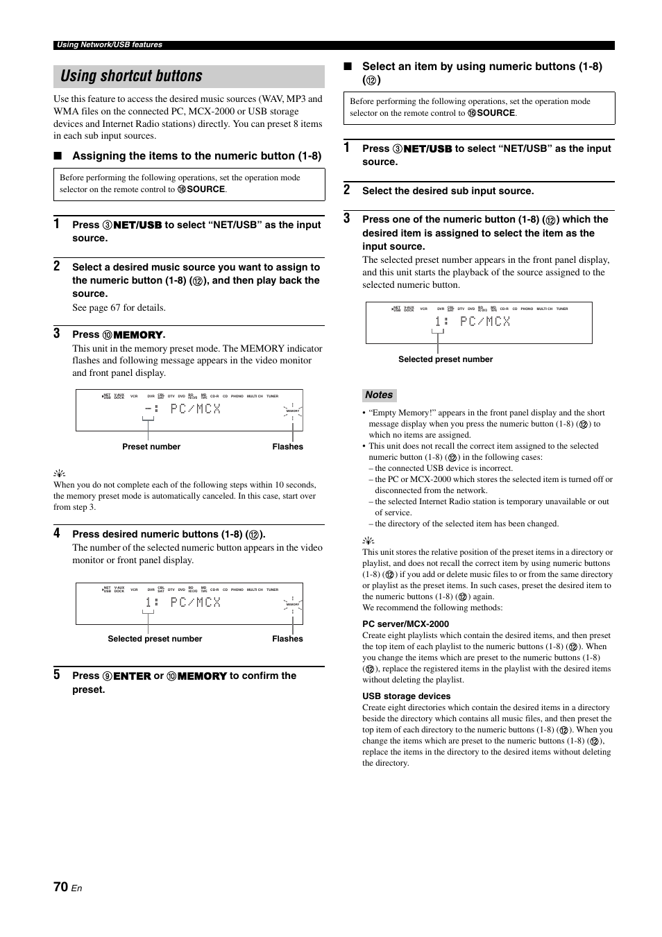 Using shortcut buttons, P c / m c x, 1 : p c / m c x | Assigning the items to the numeric button (1-8), Select an item by using numeric buttons (1-8), Select the desired sub input source | Yamaha NOT FOND DSP-Z11 User Manual | Page 70 / 150