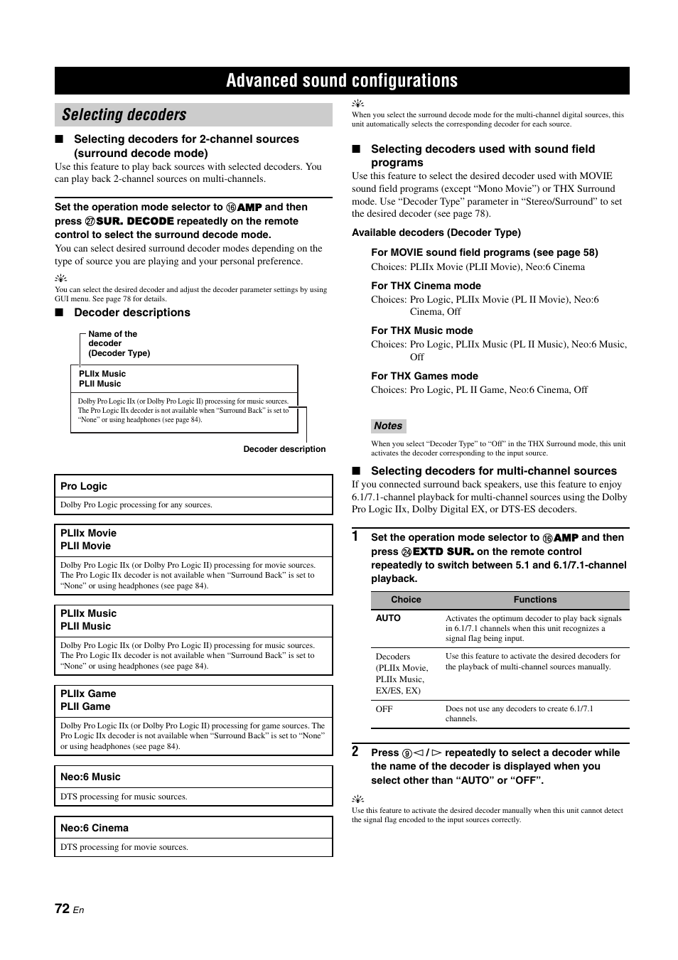 Advanced sound configurations, Selecting decoders, P. 72 | Yamaha NOT FOND DSP-Z11 User Manual | Page 72 / 150