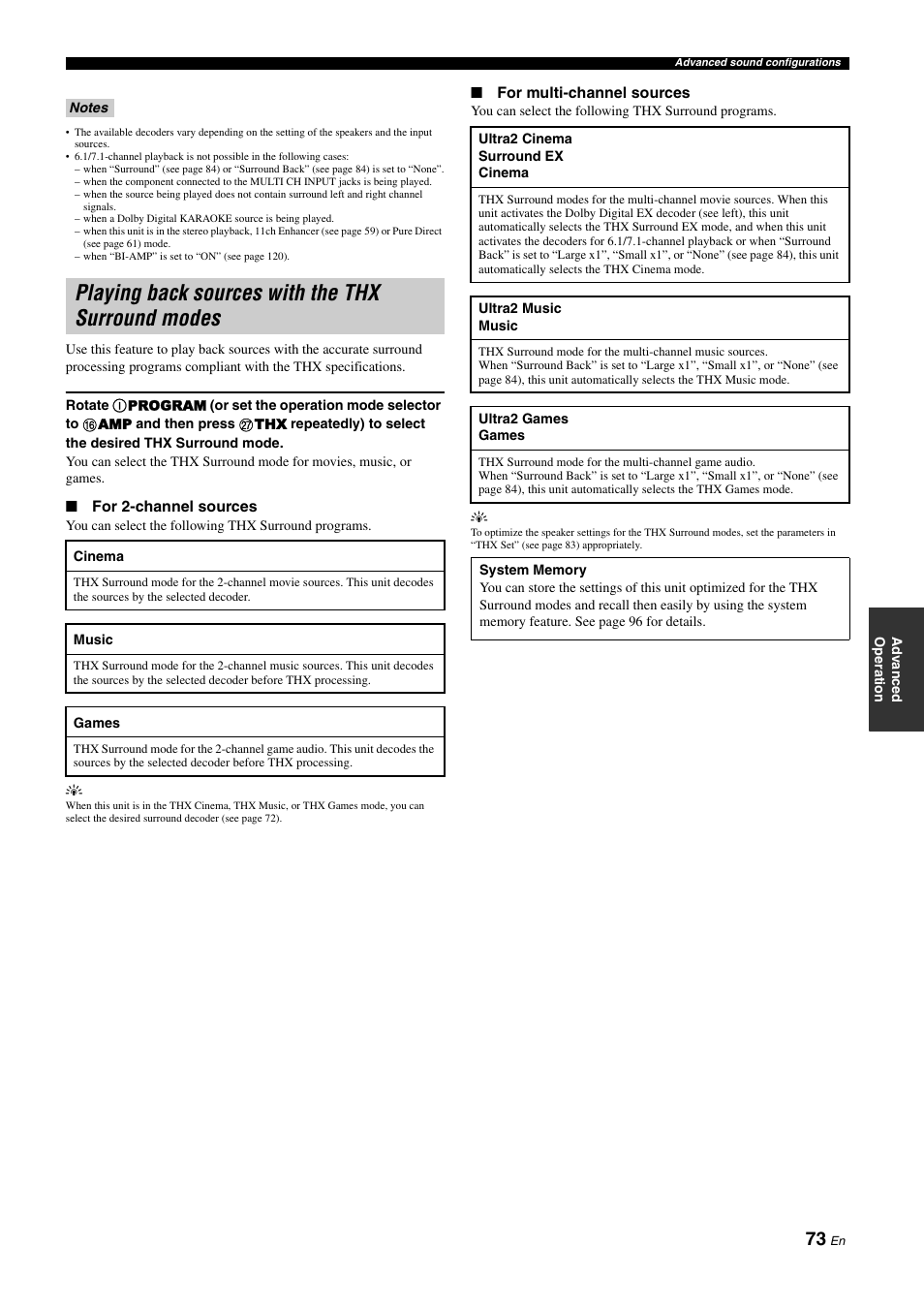 Playing back sources with the thx surround modes, P. 73 | Yamaha NOT FOND DSP-Z11 User Manual | Page 73 / 150