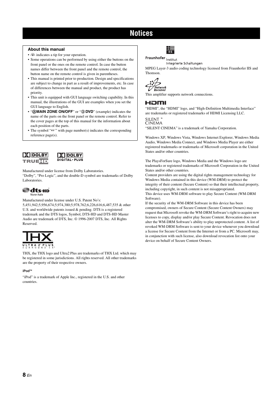 Notices | Yamaha NOT FOND DSP-Z11 User Manual | Page 8 / 150