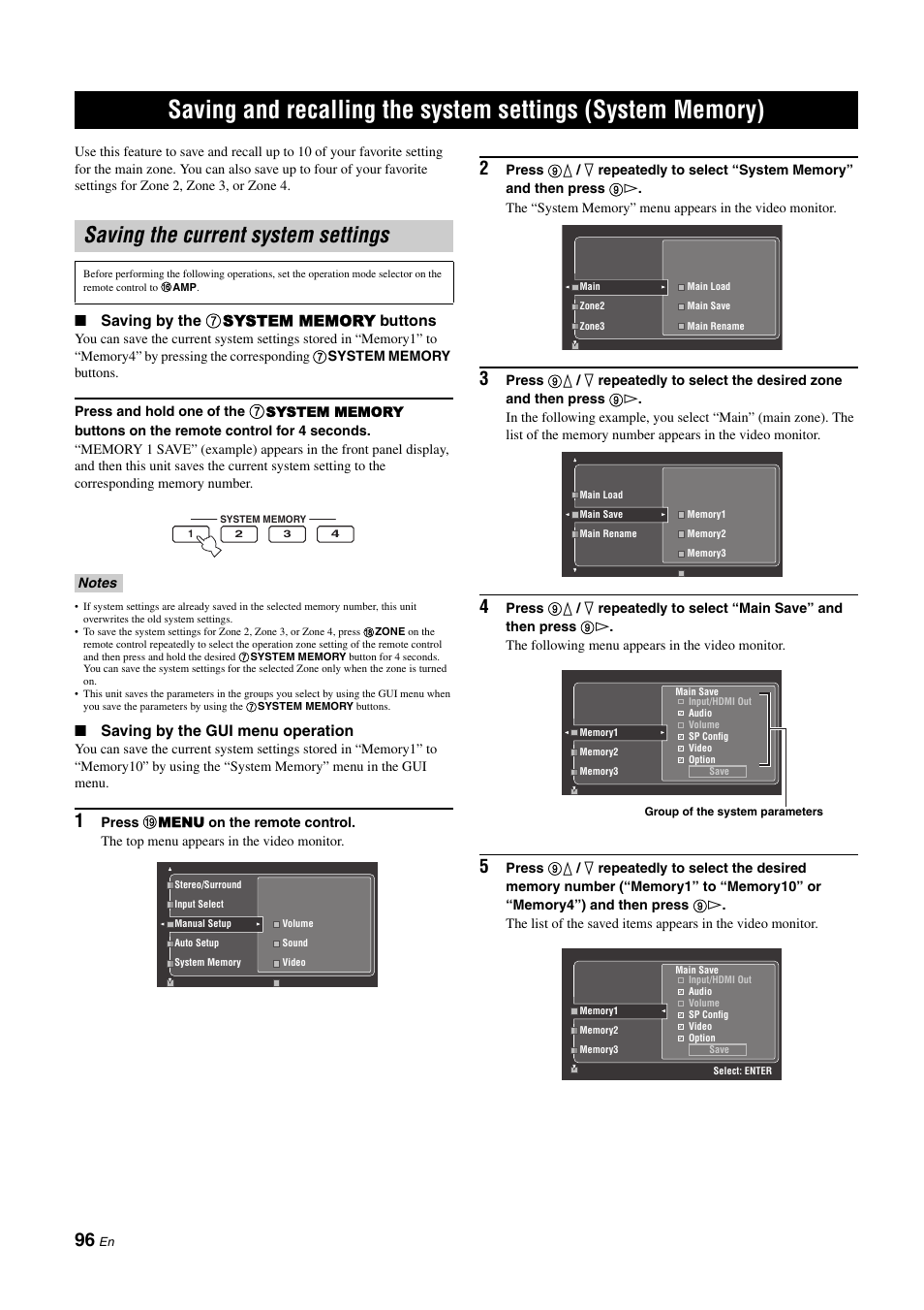 Saving the current system settings, P. 96, Saving by the gui menu operation | Yamaha NOT FOND DSP-Z11 User Manual | Page 96 / 150