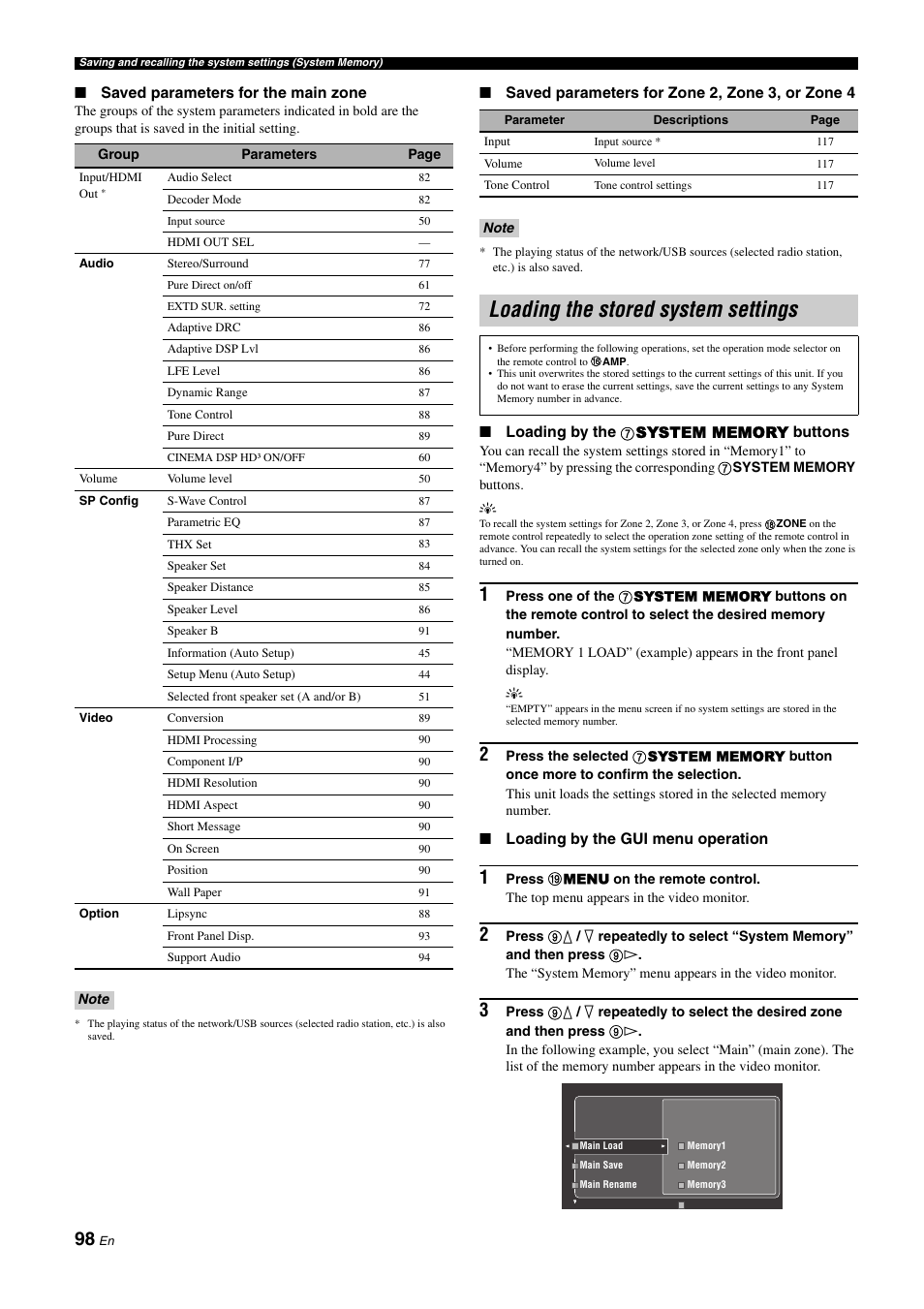 Loading the stored system settings | Yamaha NOT FOND DSP-Z11 User Manual | Page 98 / 150