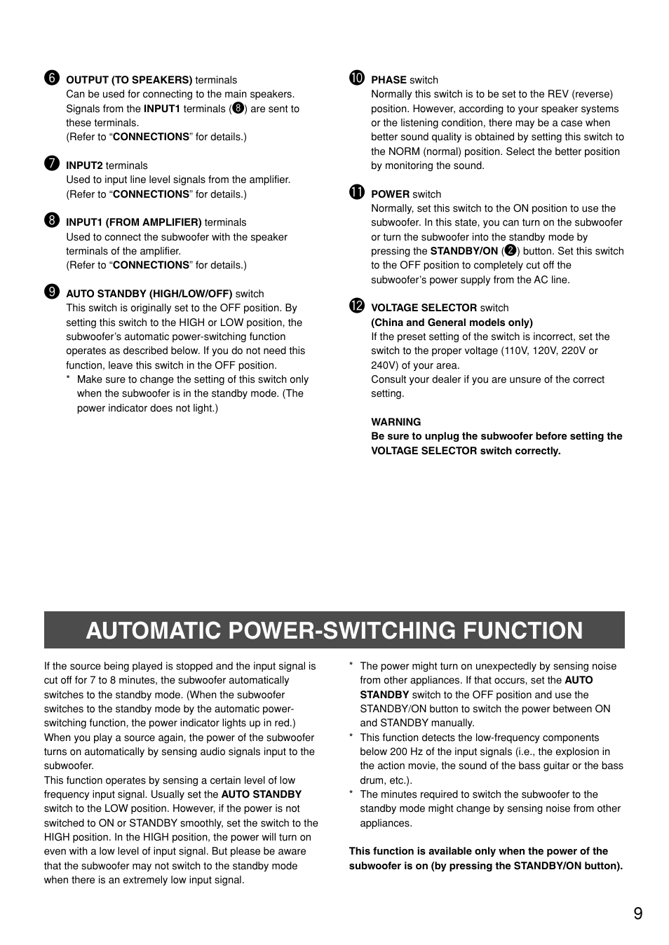 Automatic power-switching function | Yamaha YST-SW305 User Manual | Page 13 / 19