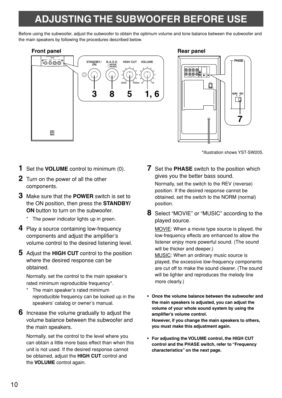 Adjusting the subwoofer before use, Set the volume control to minimum (0), Turn on the power of all the other components | Front panel rear panel, The power indicator lights up in green | Yamaha YST-SW305 User Manual | Page 14 / 19