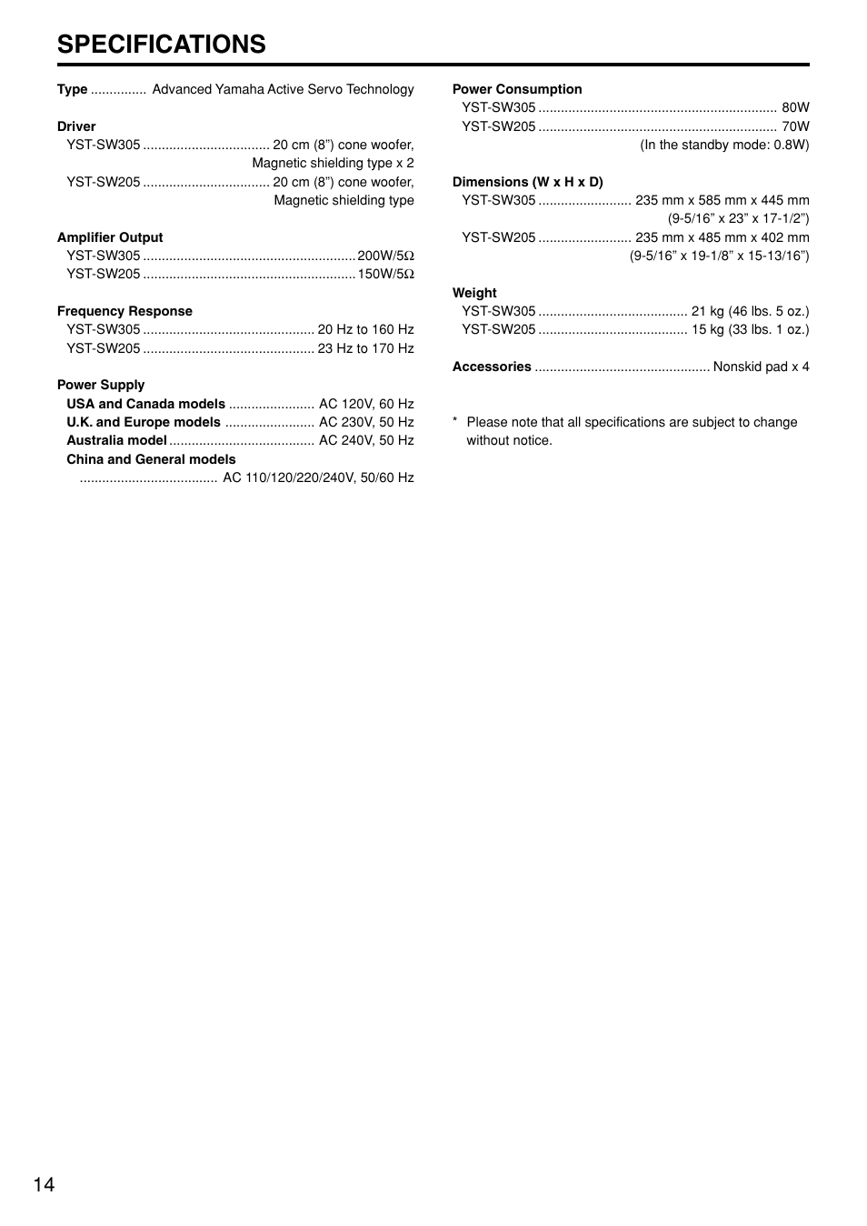 Specifications | Yamaha YST-SW305 User Manual | Page 18 / 19